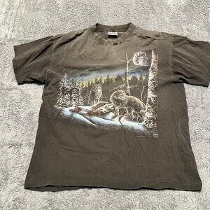 Vintage Oneita Shirt Mens XL Wolf  Print Single Stitch Tee Gray Distressed *